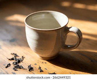 Rustic ceramic tea cup with loose leaf tea on wooden table, natural sunlight, cozy minimal style, vintage kitchen vibe, warm earthy tones, empty mug design mockup