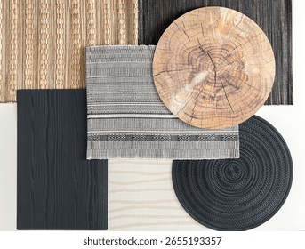 Rustic chic inspired flat lay composition of assorted placemats in natural fibers, wood, and black textured materials, arranged in a harmonious layout for table setting inspiration and design contrast
