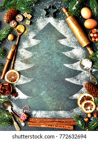 Rustic Christmas Baking Background With Ingredients For Making Cookies Or Cake Over Dark Emerald Slate,stone Or Metal Background.Top View With Space For Text.