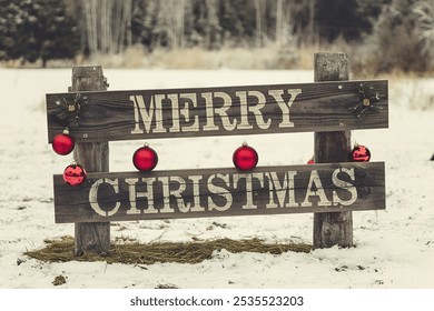 A rustic Christmas scene with a wooden sign, red ornaments, and a snowy background - Powered by Shutterstock