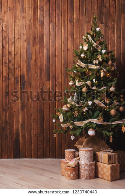 Rustic Christmas Tree On Wooden Background Stock Photo Edit Now