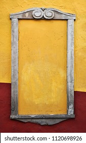 Rustic Colonial Mexican Street Empty Frame, Stone Frame Yellow And Red Wall.