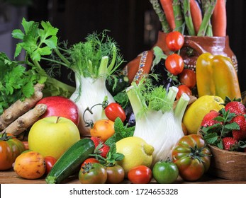 
rustic composition of fruit and vegetables in a warm light - Shutterstock ID 1724655328