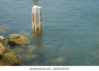 Rustic Concrete Post in Clear Ocean Waters Surrounded by Weathered Rocks. Post emerges from serene coastal waters, bordered by moss covered rocks. This tranquil setting captures the essence of nature'
