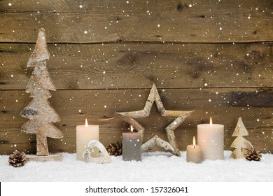 Rustic Country Background - Wood - With Candles And Snowflakes For Christmas