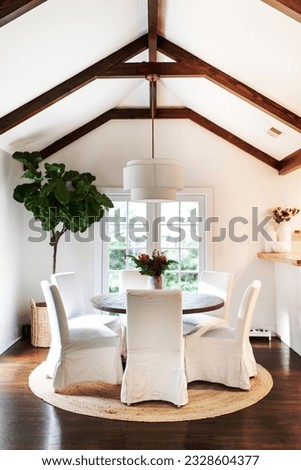 Rustic dining room interior, exposed beams ceiling design
