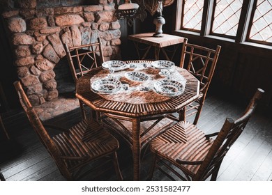 A rustic dining setting with an intricately designed wooden table and chairs, set with blue and white vintage-style dinnerware, creating a cozy, inviting atmosphere in a cabin-like interior. - Powered by Shutterstock