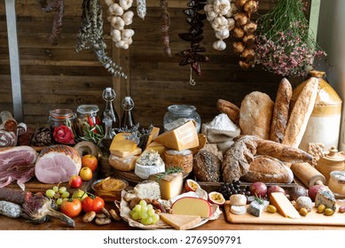 A rustic display of assorted cheeses, breads, meats, and fresh produce on a wooden table, with hanging herbs and garlic in the background.