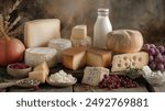 A rustic display of various cheeses, including hard, soft, and blue cheeses, accompanied by a bottle of milk, grapes, and nuts on a wooden table.