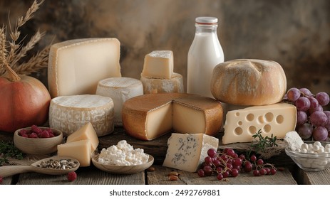 A rustic display of various cheeses, including hard, soft, and blue cheeses, accompanied by a bottle of milk, grapes, and nuts on a wooden table.