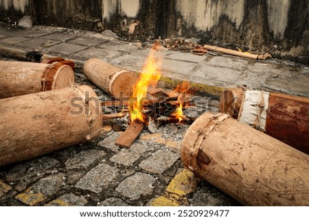 Rustic drums, being tuned in the heat of a fire, percussion of the Tambor de creola or punga dance, dance of African origin of the descendants of slaves in the state of Maranhão, northeast of Brazil