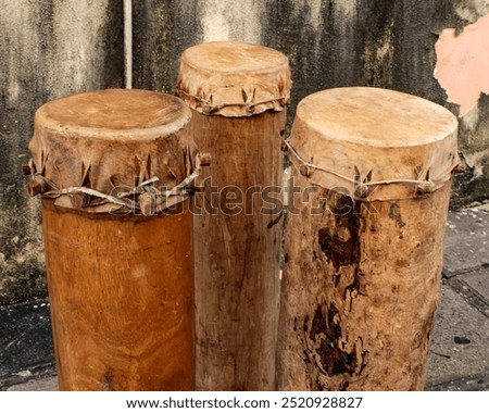 Rustic drums made of tree trunks, percussion of the Tambor de creola or punga dance, dance of African origin of the descendants of African slaves in the state of Maranhão, northeast of Brazil