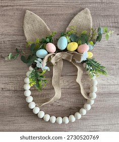Rustic Easter Bunny Ears Wreath With Pastel Eggs And Wooden Bead Garland
