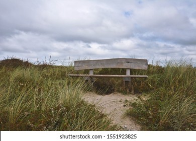 Rustic empty wooden bench standing in the middle of nature sanctuary with sand dunes and wild grass in front of cloudy grey sky - Powered by Shutterstock