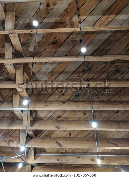 Rustic Exposed Beam Ceiling Hanging Lights Stock Photo Edit