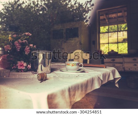 Rustic Farmhouse Kitchen Through Window (With Reflection)