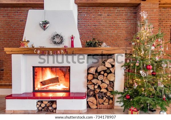 Rustic Fireplace Christmas Tree House Stock Photo Edit Now 734178907