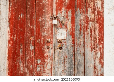 Rustic, flaking, peeling red pain on a rotting and decaying door with rusty lock and keyhole at an abandoned house’s doorway