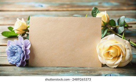 Rustic floral background with blank paper card and yellow and purple roses - Powered by Shutterstock
