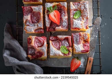 Rustic And Fresh Strawberry Cake Made Of Strawberries And Mint. Summer Fruit Sponge Cake .