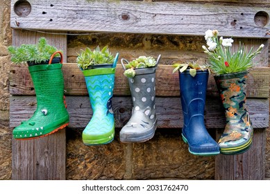 Rustic Garden Boots Pots In Rural Village - Garden Ideas And Small Garden Design