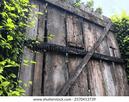 Rustic gate made from old, weathered wood planks, surrounded by lush green plants, giving a natural, countryside charm.