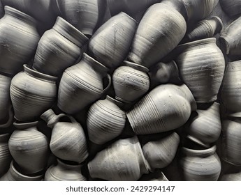 Rustic gray ceramic jugs background. Seamless pattern.