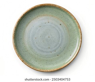 Rustic green pottery plate isolated on white - Powered by Shutterstock