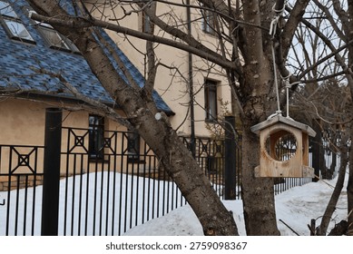 A rustic handmade bird feeder suspended from a tree branch in a snow-covered backyard. In the background, a modern residential house with a blue shingle roof and a black metal fence creates a cozy suburban winter scene.