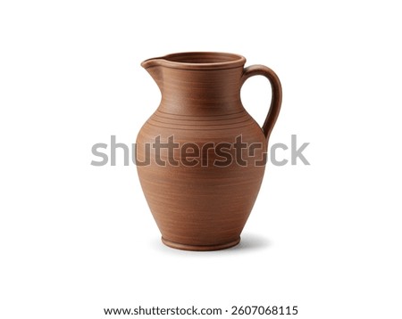 Rustic handmade brown ceramic pitcher or clay water jug isolated on white background.