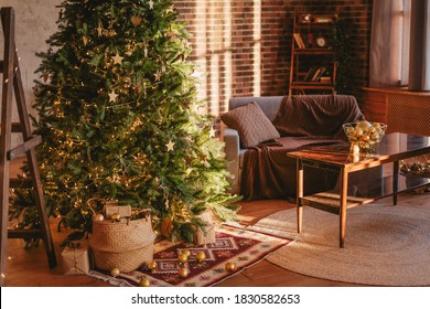 Rustic interior decorated for the new year. Christmas tree in a cozy living room. - Powered by Shutterstock