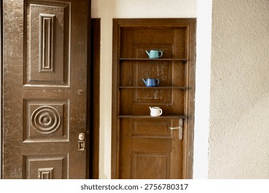Rustic Interior Design with Decorative Teapots, Creative Home Decor Using Antique Wooden Doors