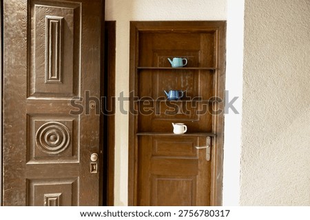 Rustic Interior Design with Decorative Teapots, Creative Home Decor Using Antique Wooden Doors