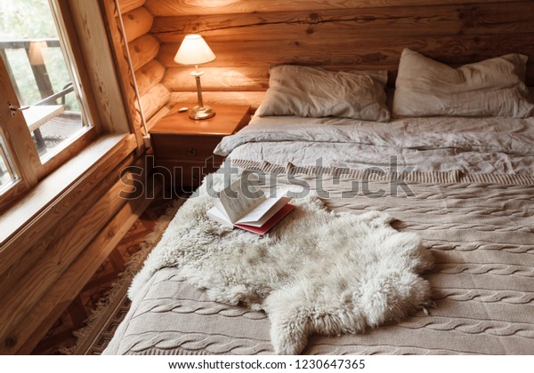 Rustic Interior Log Cabin Bedroom Bed Royalty Free Stock Image