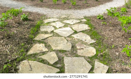 Rustic Irregular Flagstone Stepping Stone Path with Moss Between Joints Leading to Gravel Walk in Spring Garden
