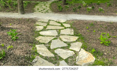 Rustic Irregular Flagstone Stepping Stone Path with Moss Between Joints Crossing Gravel Walk in Spring Garden