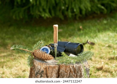 A rustic knife with a wooden handle, a vintage monocular, a handheld compass, and a pine branch with a cone rest on a wooden stump against a blurred background of lush green grass and towering pines. - Powered by Shutterstock