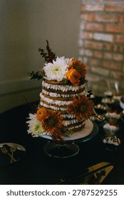 Rustic layered cookie cake with fresh autumn flowers