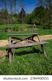 Rustic log bench in the woods