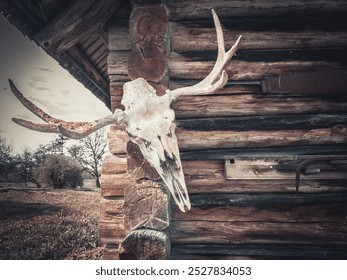 A rustic log cabin with a mounted deer skull and antlers on the corner, creating a rugged, vintage atmosphere. The weathered wood and natural textures of the cabin emphasize its outdoorsy, wilderness  - Powered by Shutterstock