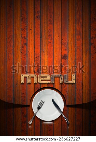 Rustic Menu Template / Dark brown background with planks, empty white plate and silver cutlery, fork and knife, written menu. Template for recipes or a rustic menu 
