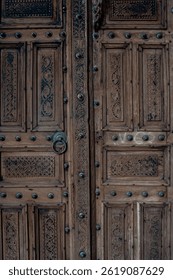 Rustic Old Door Featuring Elaborate Woodwork and Iron Handle