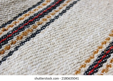 Rustic Old Homespun Towel Close Up View. Eastern European Culture, Ukrainian Style.