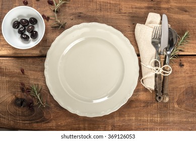 Rustic Old Wooden Mediterranean Restaurant Table With Cutlery