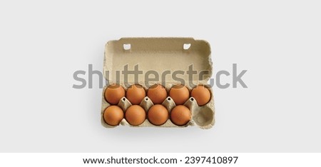 Rustic, organic brown chicken eggs in an open sustainable cardboard tray (box) on a monochrome light gray background. Simple minimal mage. No people. Copy space