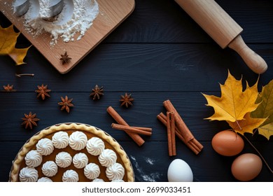 A rustic overhead view of a pumpkin pie, baking ingredients, and colorful autumn leaves on a dark wooden surface, evoking a warm and inviting atmosphere.