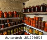 Rustic pantry shelves lined with assorted homemade pickles, preserves, and jars of vibrant fruits and vegetables