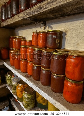 Rustic pantry shelves lined with assorted homemade pickles, preserves, and jars of vibrant fruits and vegetables