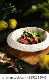 rustic pear and arugula salad with bread, seasonal pear and