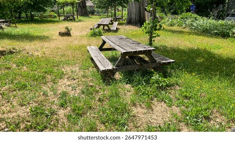Rustic picnic table amidst sun dappled meadow, whispering secrets of midsummer gatherings, tranquility echoing Beltane celebrations and nature retreats